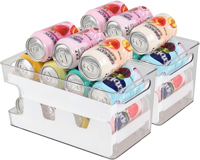 Quickquick 12 oz Can Organizer, Clear Rolling Soda Can Holder Dispenser, 2 Packs