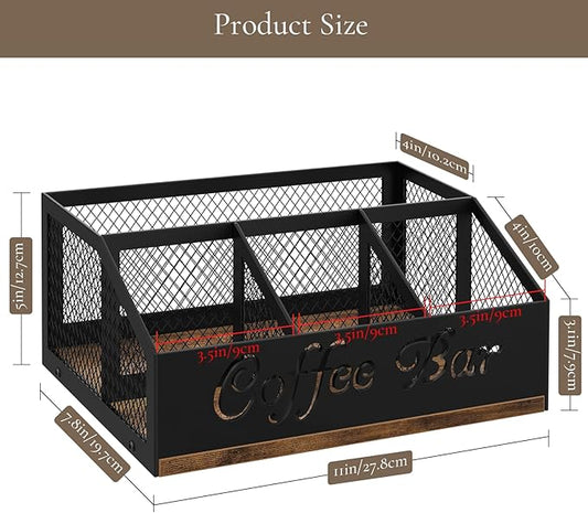 Coffee Station Organizer, Rustic Brown Wooden Countertop Coffee Bar Accessories Organizer with Metal Mesh Compartments for Pods, Syrup, Cups, Stirrer, Tea