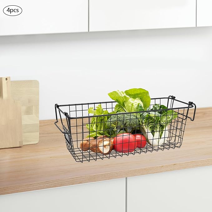 Stackable Metal Wire Rectangular Storage Basket Set For Kitchen or Bathroom, Kitchen Wire Baskets Farmhouse Decor Metal Food Storage Organizer