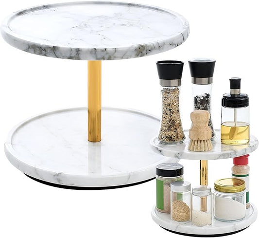 2-Tier Marble Lazy Susan, 10'' Circular Marble Stone Decorative Tray Organizer, Rotating Bathroom Turntable, Kitchen Spice Rack Organizer for Countertop Vanity Dresser Dining Table Pantry