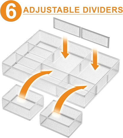 Marbrasse 3 Packs White Desk Drawer Organizers,Drawer Organizer Tray with 9 Adjustable Compartments,Junk Drawer for Makeup & Vanity, Office Desk Supplies and Accessories（White）