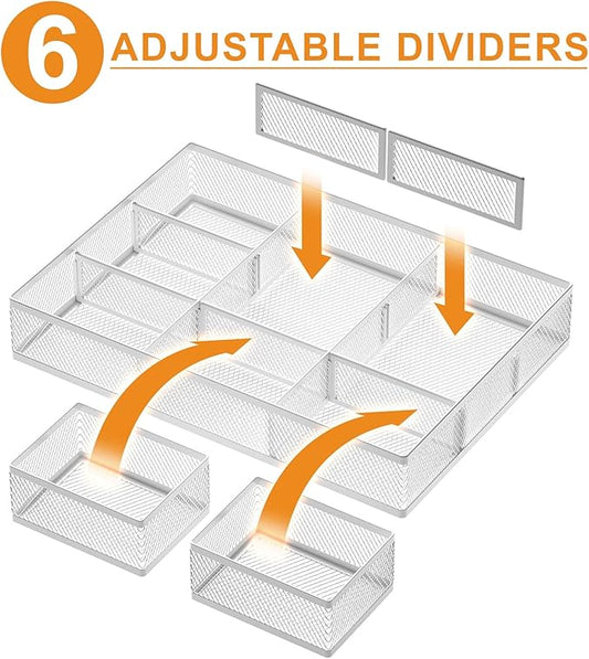Marbrasse 3 Packs White Desk Drawer Organizers,Drawer Organizer Tray with 9 Adjustable Compartments,Junk Drawer for Makeup & Vanity, Office Desk Supplies and Accessories（White）