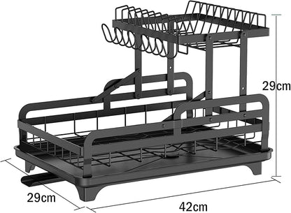 HOISIMDY 2 Tier Dish Drying Rack Automatic Drainage Board Space-Saving for Kitchen Counter with Cups Holder