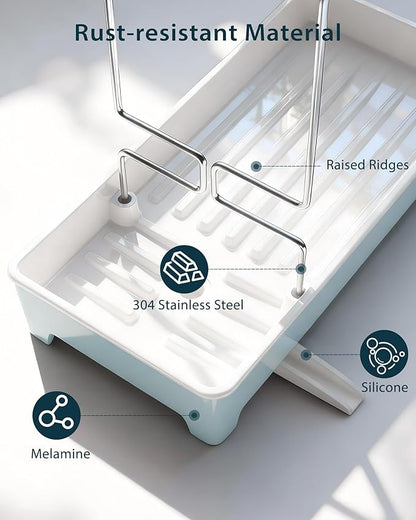 Caumic Minimalist Sink Caddy, Rustproof Sponge Holder for Kitchen Sink with 304 Stainless-Steel Brush Holder, Countertop Rack Organizer with Raised Ridges & Silicone Drain Tube (Pastel Blue)
