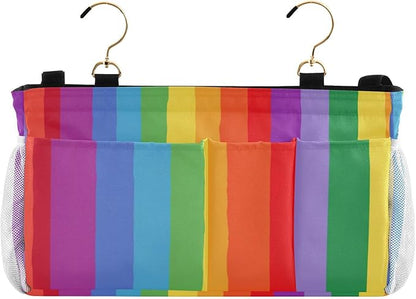 CuwrYet Bedside Caddy Hanging Bunk Bed Caddy Bed Organizer Hanging Pocket with 2 Hooks Bedside Storage Organizer Pocket Bag Holder Vibrant Colorful Stripes