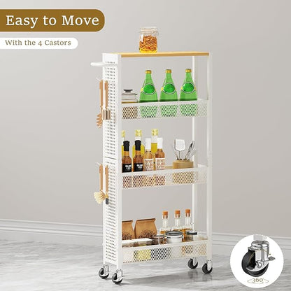 Utility Slim Storage Cart 4 Tier Small Rolling Kitchen Laundry Room Organization Cart with Wood Top Metal Narrow Bathroom Cart Cabinet Narrow Storage Cabinet Trolley with Handle for Small Space