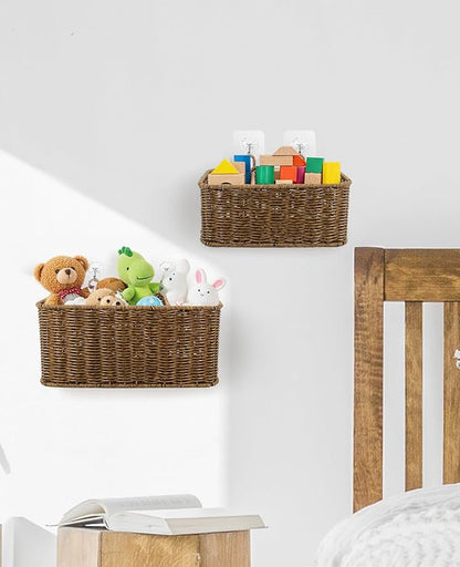 AceList Wall Hanging Basket with Compartment, Woven Hanging Storage Baskets with Hooks - Set of 2, Boho Organizer for Toilet Tank, Bathroom, Kitchen, and Pantry Decor