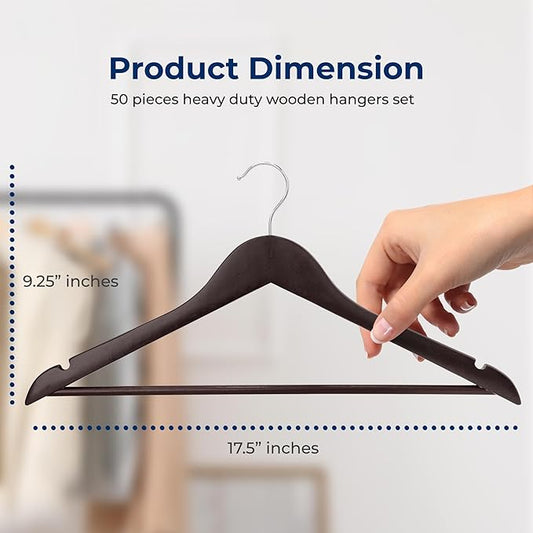 SereneLife 50-Pack Wooden Coat Hangers – Durable Suit Hangers with 360° Swivel Hook & Notches – Slim Design for Shirts, Jackets, Dresses, and More (Brown)