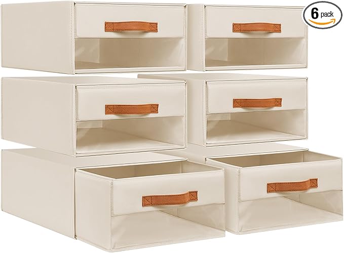 DIMJ Closet Organizers and Storage - Foldable Storage Bins with Drawers Fabric Stackable Storage Drawers with Clear Window,Fabric Clothes Organizers and Storage Drawers for Closet, 6-Pack, Beige