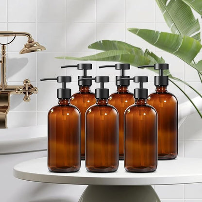 GMISUN Amber Glass Soap Dispenser, 6 Pack Bathroom Hand Soap Dispensers with Stainless Steel Pump, 17 Fl Oz Kitchen Hand and Dish Soap Dispenser Set, Modern Vintage Liquid Brown Soap Dispensers Bottle