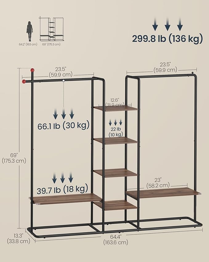 SONGMICS HOME Clothes Rack, Wardrobe, Freestanding Closet, Heavy-Duty Garment Rack, 6 Storage Shelves, 2 Hanging Rails, 64.4 x 13.3 x 69 Inches, Natural Walnut and Ink Black URGR012B01