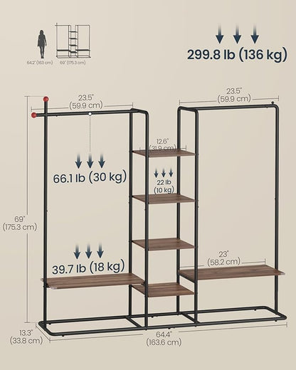 SONGMICS HOME Clothes Rack, Wardrobe, Freestanding Closet, Heavy-Duty Garment Rack, 6 Storage Shelves, 2 Hanging Rails, 64.4 x 13.3 x 69 Inches, Natural Walnut and Ink Black URGR012B01