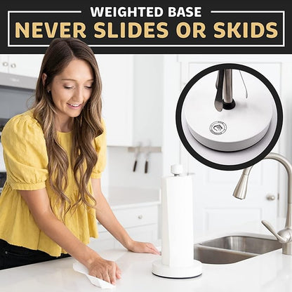 Dear Household Stainless Steel Paper Towel Holder Easy One-Handed Operation - This Sturdy Weighted Paper Towel Dispenser Countertop Model Has Suction Cups and Holds All Paper Towel Rolls - White