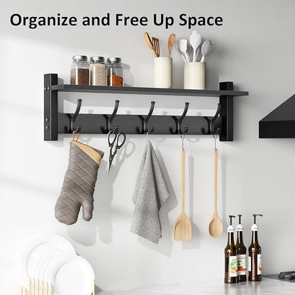 Coat Rack Wall Mount with Shelf, 24 Inch Coat Hanger Walls Mounted, Hat Rack for Walls, Shelf with 5 Coat Hooks, Wall Hanger for Entryway (Black)