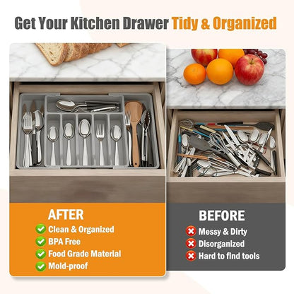 2 PCS Large Expandable Silverware Organizer for Drawer, Utensil Drawer Organizer Holder with 2 Removable Blocks, Adjustable Cutlery Tray Flatware Storage Box for Spoons Forks Knives Tools, 6-8 Slots