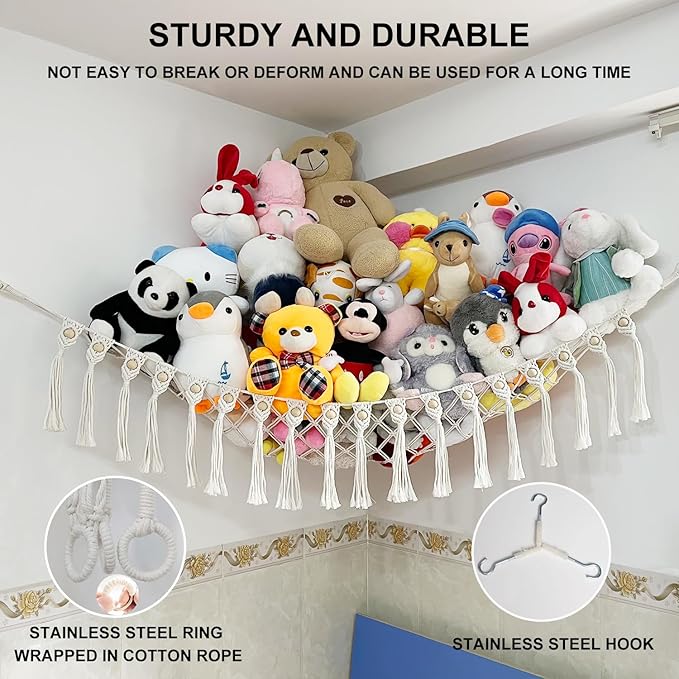 Large Stuffed Animal Net or Hammock, Boho Macrame Toy Hammock with LED Lights, Decorate Room Space Saving Pet Net for Stuffed Animals, Suitable for Nursery, Playroom, Kids Bedroom