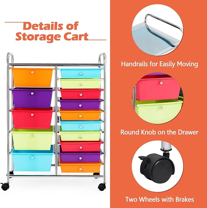 KOTEK 15-Drawer Rolling Storage Cart, Multipurpose Mobile Utility Cart with 4 Wheels, Home Office School Tools Scrapbook Paper Organizer (Multicolor-Combo2)
