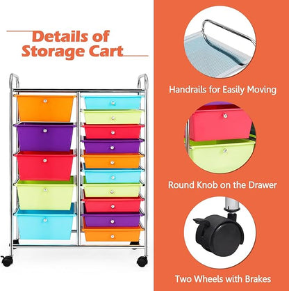 KOTEK 15-Drawer Rolling Storage Cart, Multipurpose Mobile Utility Cart with 4 Wheels, Home Office School Tools Scrapbook Paper Organizer (Multicolor-Combo2)