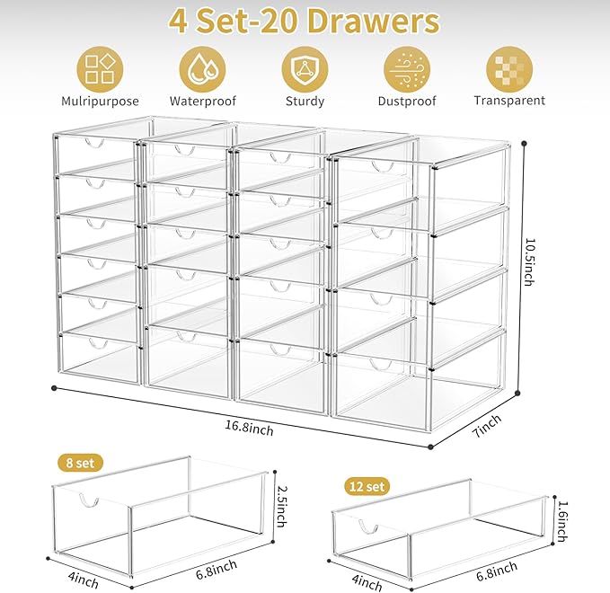 Acrylic Makeup Organizer with 20 Drawers, 4 Set Clear Storage Drawers, Acrylic Drawer Organizer and Storage for Desktop Office Supplies Make Up Pen Hair Accessories