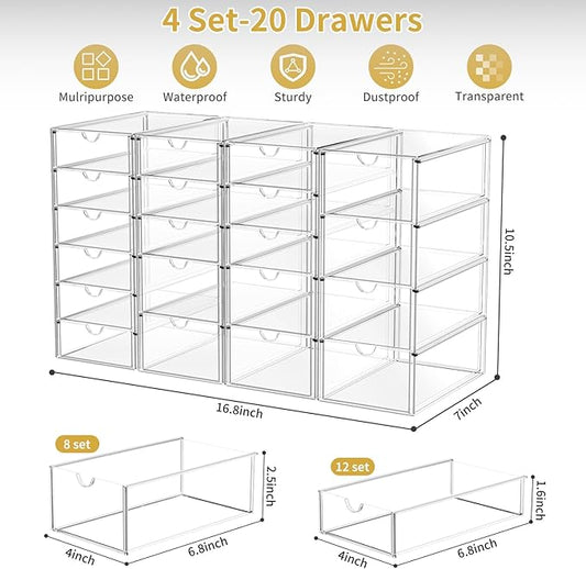 Acrylic Makeup Organizer with 20 Drawers, 4 Set Clear Storage Drawers, Acrylic Drawer Organizer and Storage for Desktop Office Supplies Make Up Pen Hair Accessories