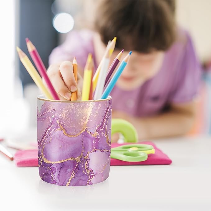 WAVEYU Pen Holder for Desk, Cute Ceramic Pencil Holder, Pen Cup Marker Holder Makeup Brush Holders, Desk Accessories & Workspace Organizers for Home, Office, Purple Marble
