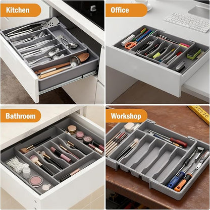 2 PCS Large Expandable Silverware Organizer for Drawer, Utensil Drawer Organizer Holder with 2 Removable Blocks, Adjustable Cutlery Tray Flatware Storage Box for Spoons Forks Knives Tools, 6-8 Slots