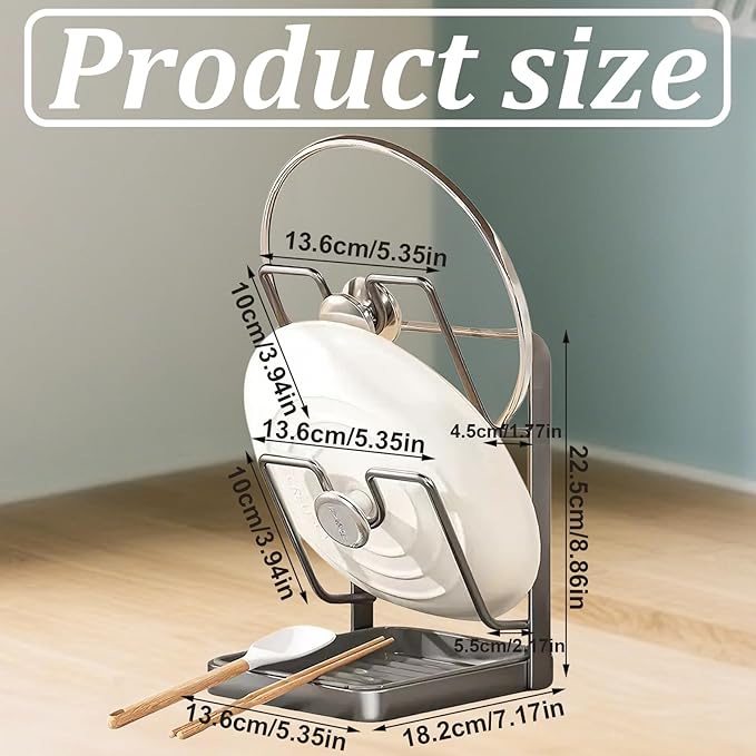 Pot Lid Organizer and Holder, Kitchen Countertop Storage Rack with Removable Drip Tray & Spoon Rest, 2-Tier Space-Saving Stand for Pots and Pans Lids