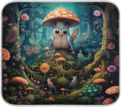 Beautiful Fairy Forest Owl Mushroom Flowers Butterfly Microfiber Dish Drying Kitchen Countertop Table Protector Multipurpose Counter Rack Sink Drainer Pad (16" x 18")