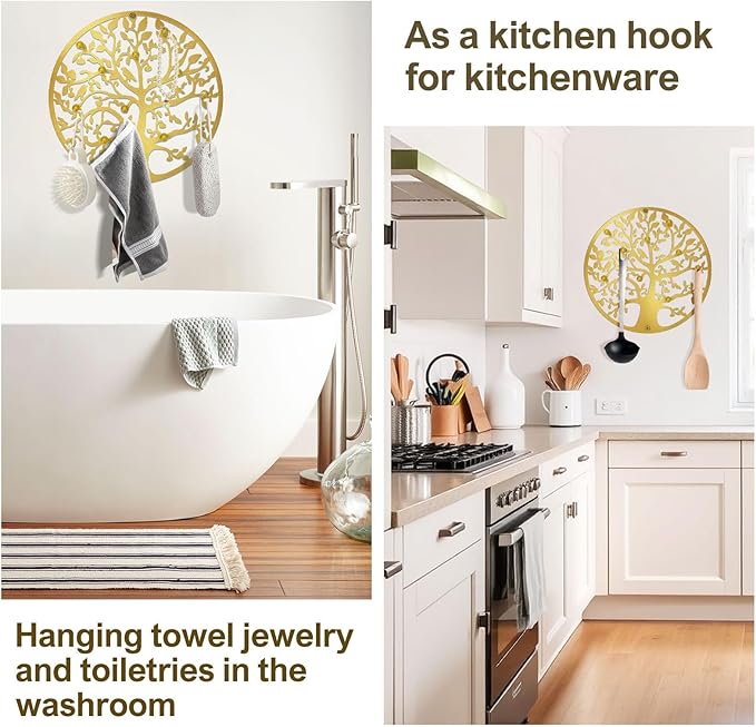Round Decorative Home Key Holder Wall Mount, 2 Pack Metal Tree Car Key Rack for Wall Organizer for Keys, Wallets, Hats, Used for Decor for House Entryway, Kitchen, Garage, Office (12" Gold)