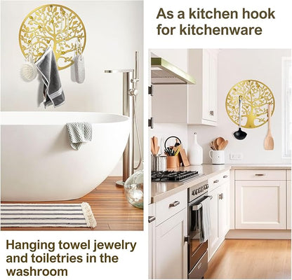 Round Decorative Home Key Holder Wall Mount, 2 Pack Metal Tree Car Key Rack for Wall Organizer for Keys, Wallets, Hats, Used for Decor for House Entryway, Kitchen, Garage, Office (12" Gold)