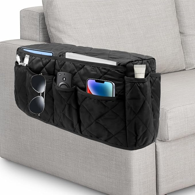 HADEEONG Remote Control Holder, Non Slip Bedside Armchair Caddy, Recliner Arm Caddy Armrest Organizer with 14 Pockets for Cell Phone TV Remote Control Magazines, Black