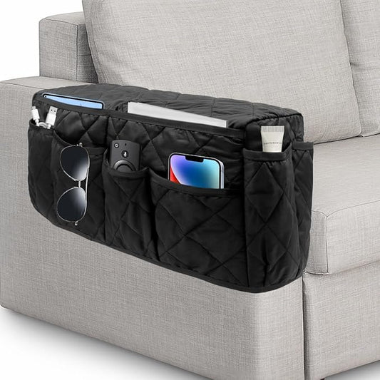HADEEONG Remote Control Holder, Non Slip Bedside Armchair Caddy, Recliner Arm Caddy Armrest Organizer with 14 Pockets for Cell Phone TV Remote Control Magazines, Black