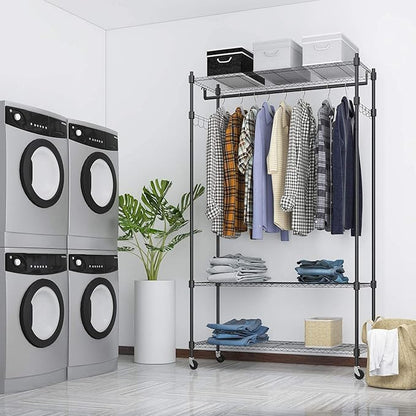 BATHWA Rolling Garment Rack with Adjustable Wire Shelf, 3 Tired Clothes Rack including 1 Clothes Hanging Bar, 1 Roating Hanger Hooks - Hold Up to 400Lbs (Black, 1Rod 1Hook)