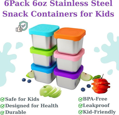 MHB 6-Pack 6oz Stainless Steel Snack Containers,Easy Open Leak-Proof Food Storage with Silicone Lids, Stackable Metal Lunch Box,Small Snacks Containers Portable Travel & Picnic, Fruit-Designed Lid