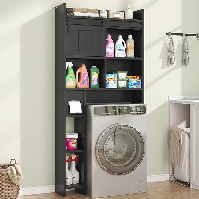 Semoic Over The Toilet Storage Cabinet, Over The Toilet Shelf with Sliding Door & Toilet Paper Holder Stand, Bathroom Above Toilet Storage, Home Space-Saving Toilet Rack for Bathroom, Restroom, Black