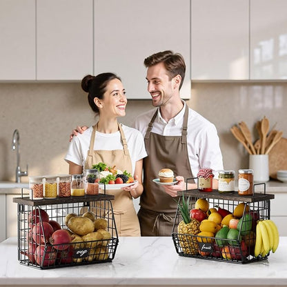 2 Pack Hanging Wall Fruit Basket for Kitchen Counter, Stackable Wire Basket for Fruit, Vegetable, Potato and Onion Storage, Wall-Mounted Fruit Holder with Wood Lid, Banana Hooks & Metal Handles
