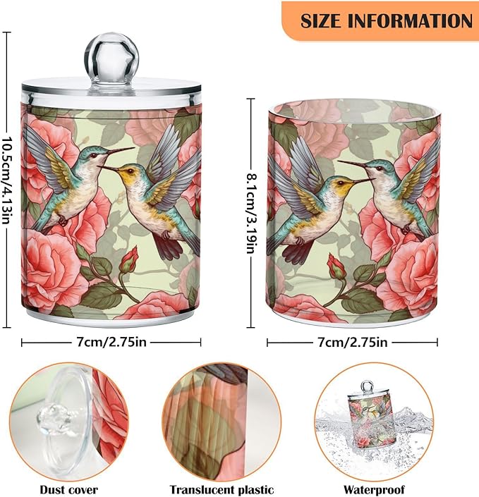 MNSRUU 4 Pack Qtip Holder Organizer Dispenser Flowers and Hummingbirds Pink Bathroom Storage Canister Cotton Ball Holder Bathroom Containers for Cotton Swabs/Pads/Floss