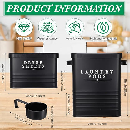 2 Pcs Laundry Pod Container with Dryer Sheet Holder Farmhouse Laundry Room Decor Organization and Storage Detergent Container Box with Lid Handle Metal Dryer Sheet Dispenser(Black)