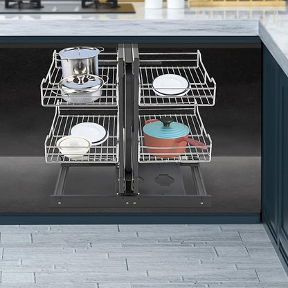 QIANMOON Kitchen Corner Cabinet Pull Out, Magic Corner Pull Out Open, 2 Tiers Swing Tray, Blind Corner Soft Close, for Place Pots and Pans, Containers, Spice Jars