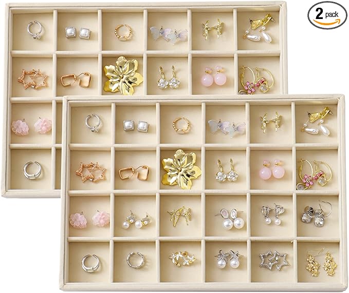 KATISYIO Large Velvet Jewelry Tray 2 Pack Stackable Jewelry Display Drawer Inserts Trays Organizer for Earring Bracelet Necklace Ring (Beige, 24 Grids)