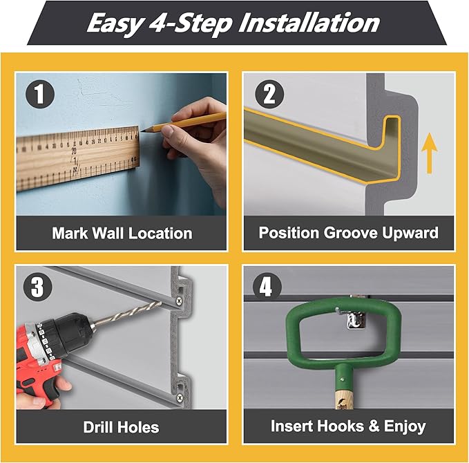 Heavy Duty PVC Slatwall Garage Organizer System, 8ft x 4ft Wall Mounted Panel Kit with 10 Hooks, 75lb/sq ft Capacity, Charcoal Grey Tool Storage Rack for Workshop & Retail Display
