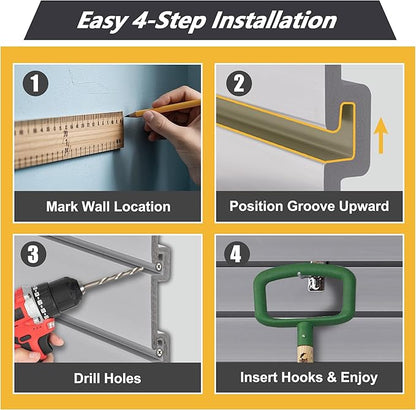 Heavy Duty PVC Slatwall Garage Organizer System, 8ft x 4ft Wall Mounted Panel Kit with 10 Hooks, 75lb/sq ft Capacity, Charcoal Grey Tool Storage Rack for Workshop & Retail Display