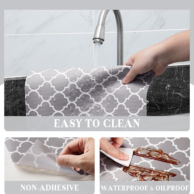 Glotoch 2 Rolls Shelf Liners for Kitchen Cabinets 12”x 20ft, Non Slip Drawer Liner,Waterproof Cabinet Liner for Wire/Pantry/Closet Non Adhesive Table Place Mats, Heavy Duty, Quatrefoil Grey