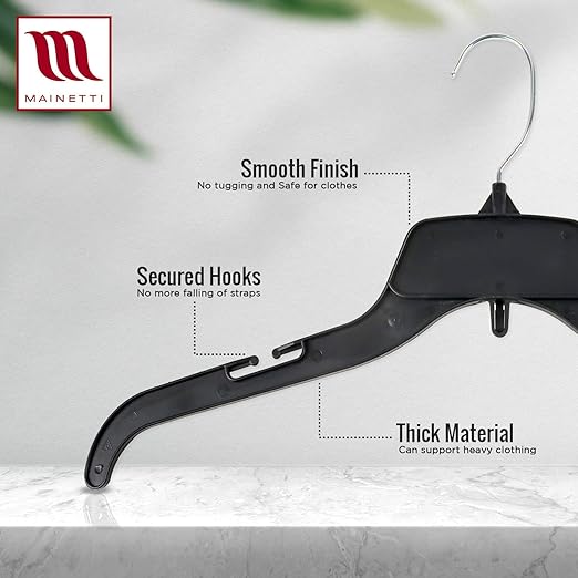 Mainetti 484 Black Plastic Hangers - 100 Pack with Rotating Metal Hook and Notches for Straps, Great for Shirts/Tops/Dresses, 17-Inch