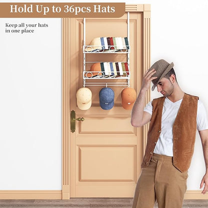 Over Door Hat Organizer 3 Tier Wall Mounted Hat Rack with 2 Adjustable Metal Basket and 3 Hooks Hat Organizer for Baseball caps Hat Hanger Holder Display for Door Closet, Cap Organizer Storage