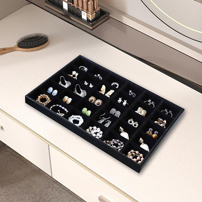 Wudygirl Jewelry Organizer 30 Grid Jewelry Tray with Lid Earring Holder Organizer for Women Ring Earring Bracelet Holder Storage (Pu Black)