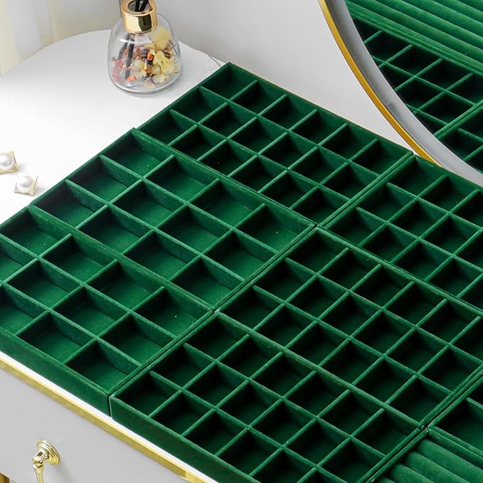 SPAKOWN Jewelry Organizer for Drawer Set of 9, Velvet Jewelry Tray Stackable Jewelry Organizer Display Trays Divided Earring Storage Containers (Green)