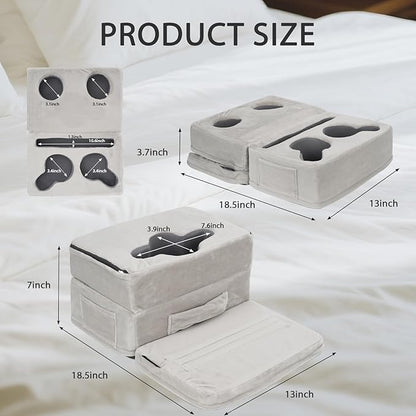 Couch Cup Holder Tray Pillow, Large Sofa Organizer Caddy with 6 Holes and Side Pocket Bed Refreshment Tray for iPad, Drinks, Remotes, Phones, Snacks, Removable & Washable (Silver)