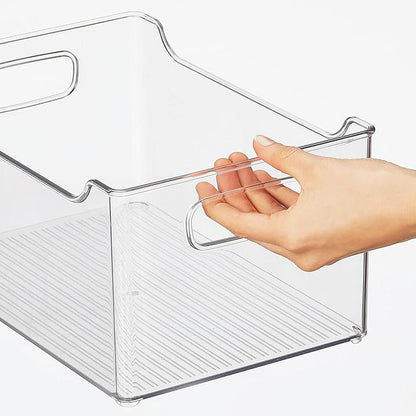 mDesign Plastic Storage Organization Bin with Handles for Kitchen Cabinet, Pantry, Shelf, Fridge/Freezer - Home Organizer for Fruit, Potatoes, Onions, Drinks, Snacks, Pasta - 4 Pack - Clear