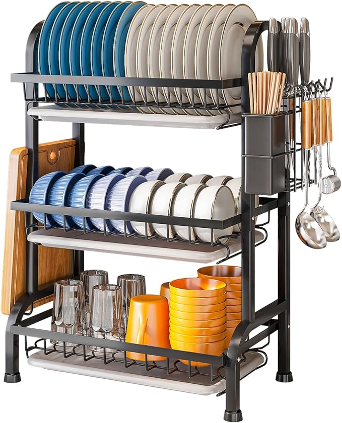 HOISIMDY Dish Drying Rack 3 Tier Large Capacity Kitchen Dish Draining Rack Countertop Cultery Drainer with Drip Tray